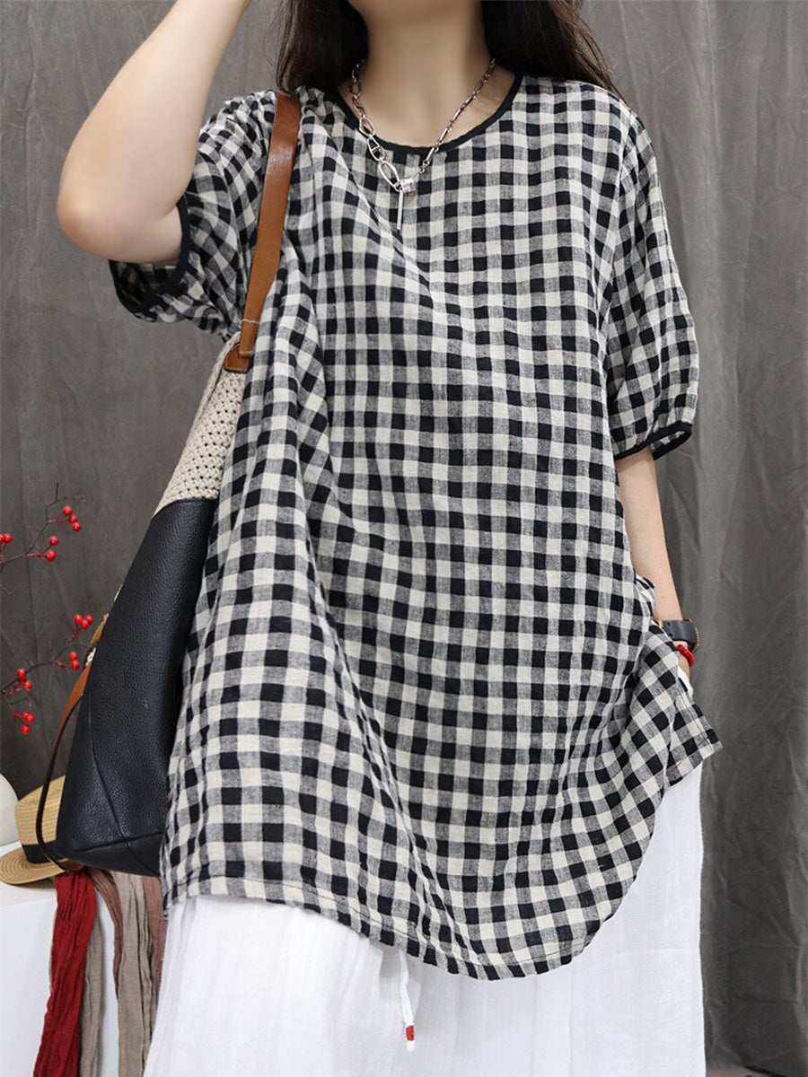 Plus Size Women Summer Artsy Plaid Cotton Linen Blouse