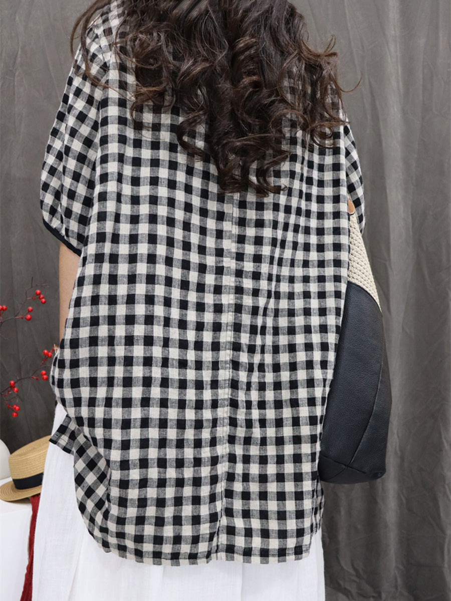 Plus Size Women Summer Artsy Plaid Cotton Linen Blouse