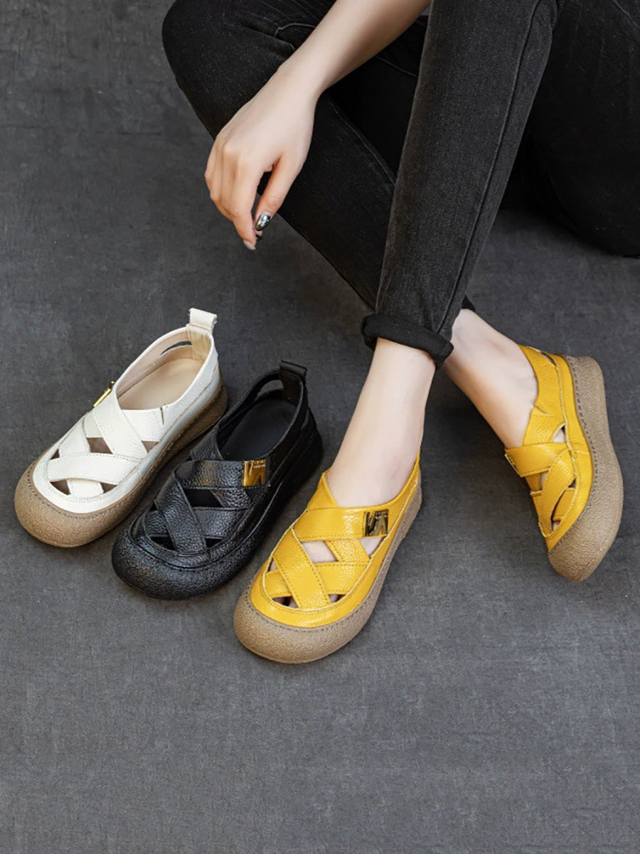 Women Summer Leather Weave Flat Shoes