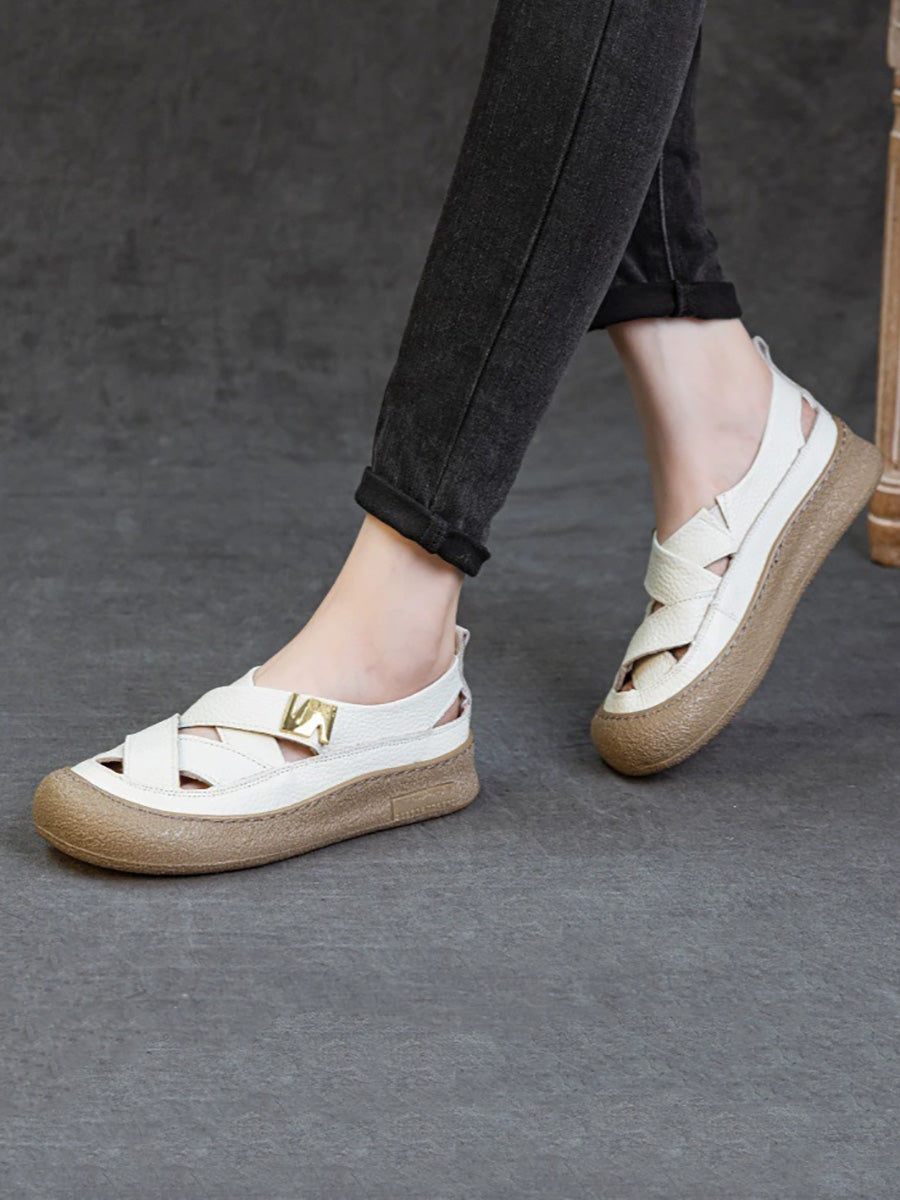 Women Summer Leather Weave Flat Shoes