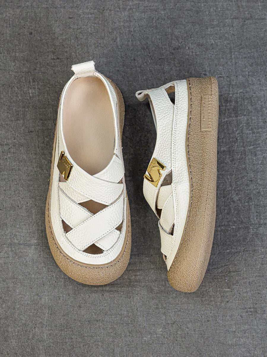 Women Summer Leather Weave Flat Shoes