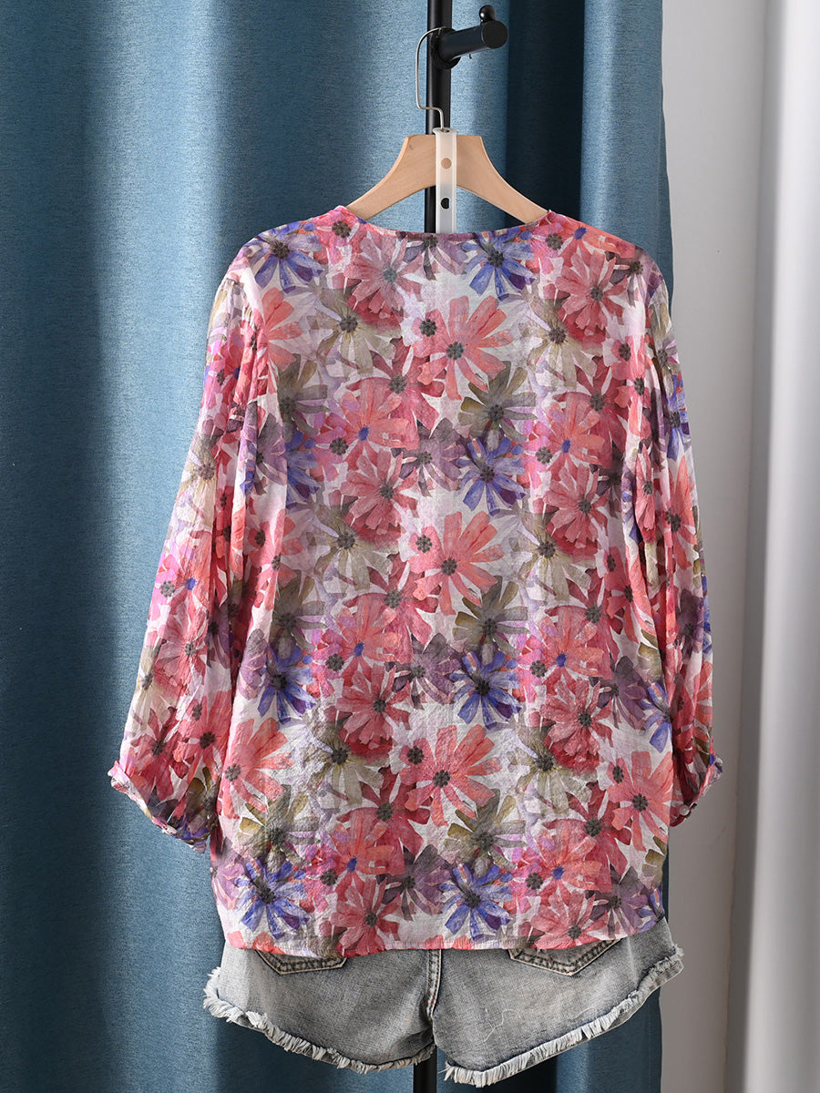 Plus Size Women Summer Artsy Flower V-Neck Shirt