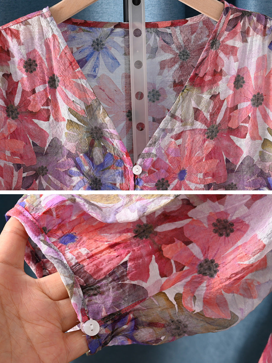 Plus Size Women Summer Artsy Flower V-Neck Shirt