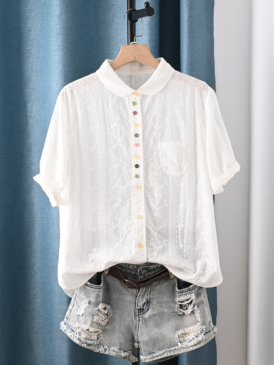 Plus Size Women Summer Artsy Embroidery 100%Cotton Shirt