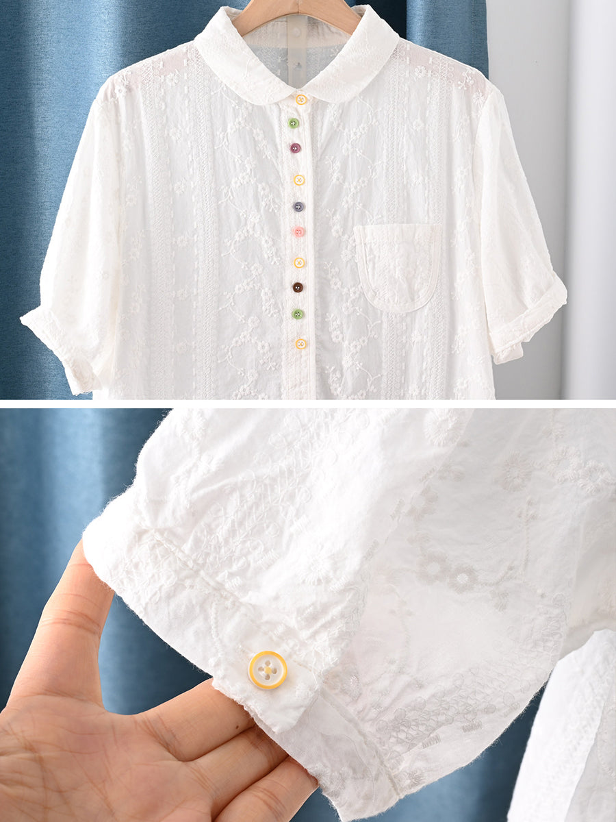 Plus Size Women Summer Artsy Embroidery 100%Cotton Shirt