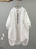 Plus Size Women Artsy Stand Collar 100%Cotton Shirt