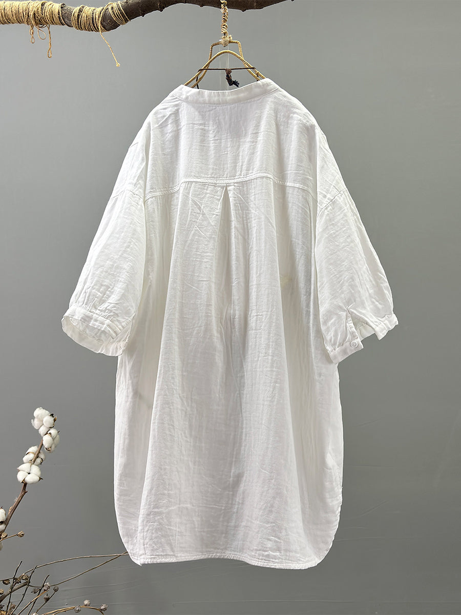 Plus Size Women Artsy Stand Collar 100%Cotton Shirt