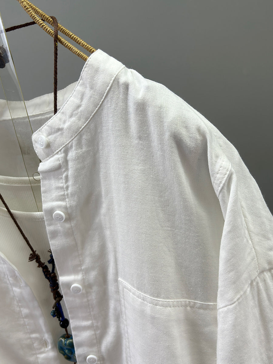 Plus Size Women Artsy Stand Collar 100%Cotton Shirt