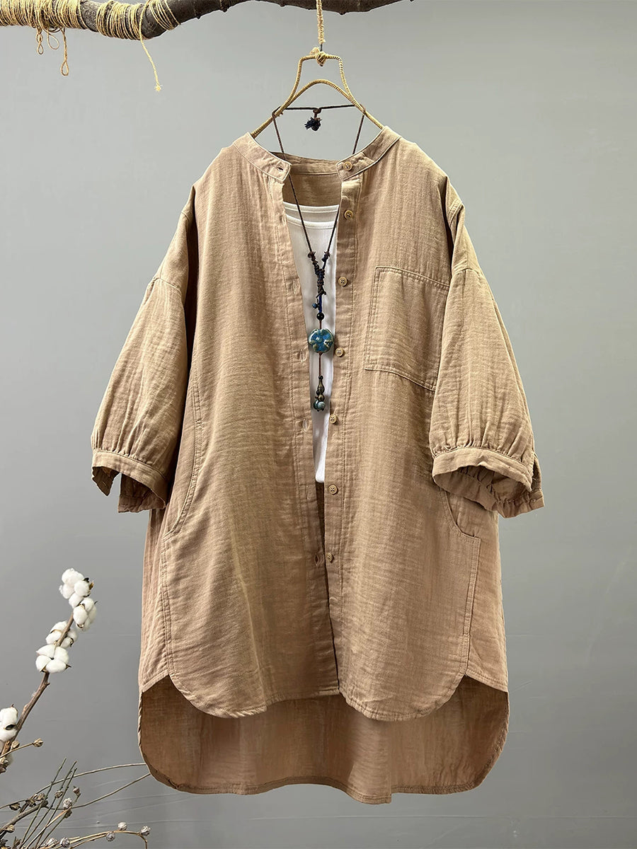Plus Size Women Artsy Stand Collar 100%Cotton Shirt
