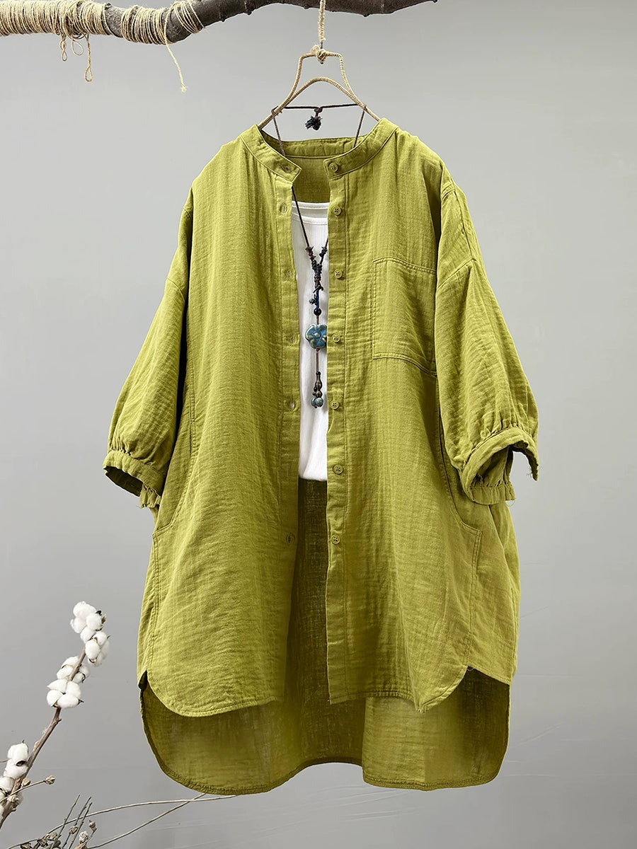 Plus Size Women Artsy Stand Collar 100%Cotton Shirt
