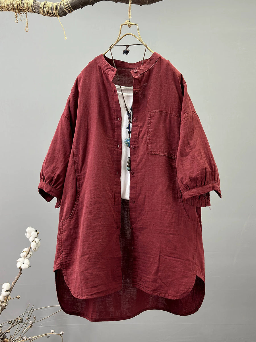 Plus Size Women Artsy Stand Collar 100%Cotton Shirt