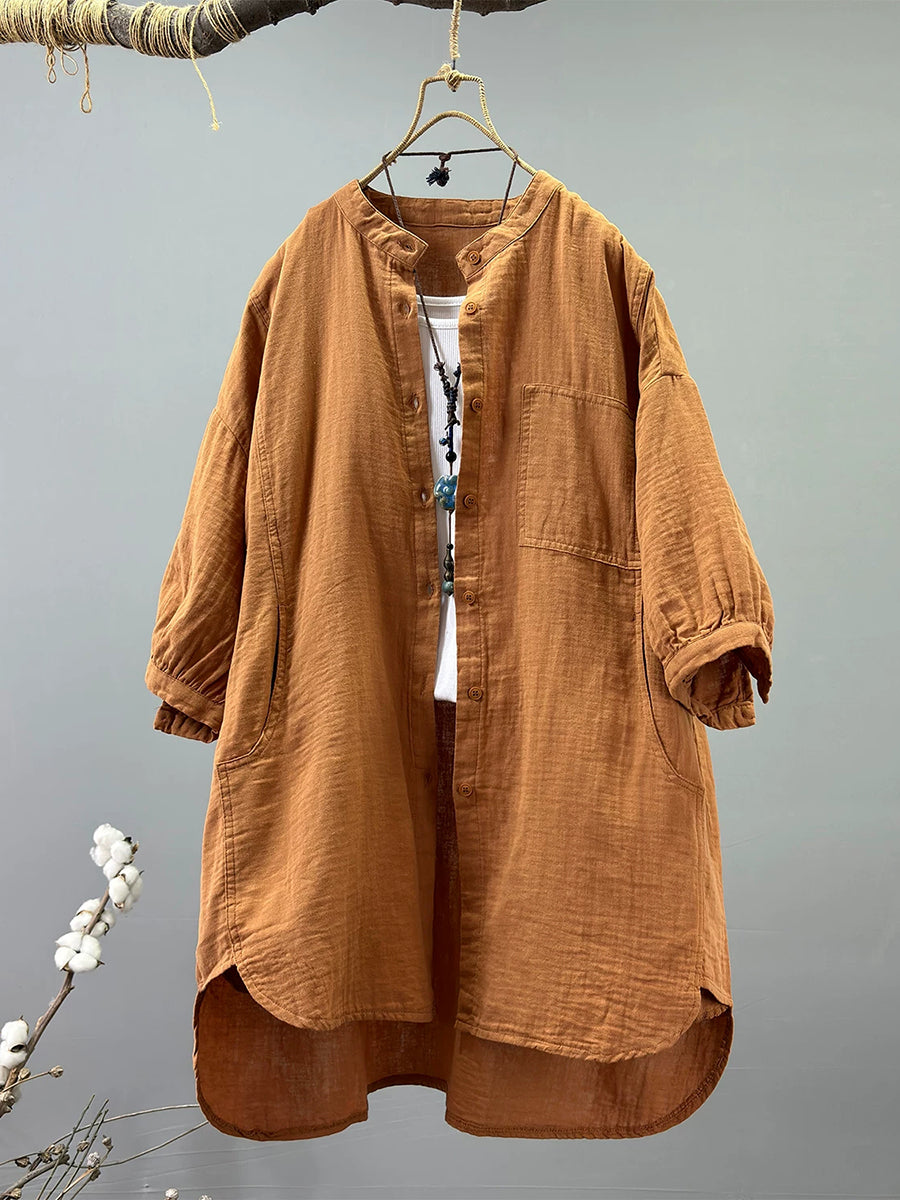 Plus Size Women Artsy Stand Collar 100%Cotton Shirt