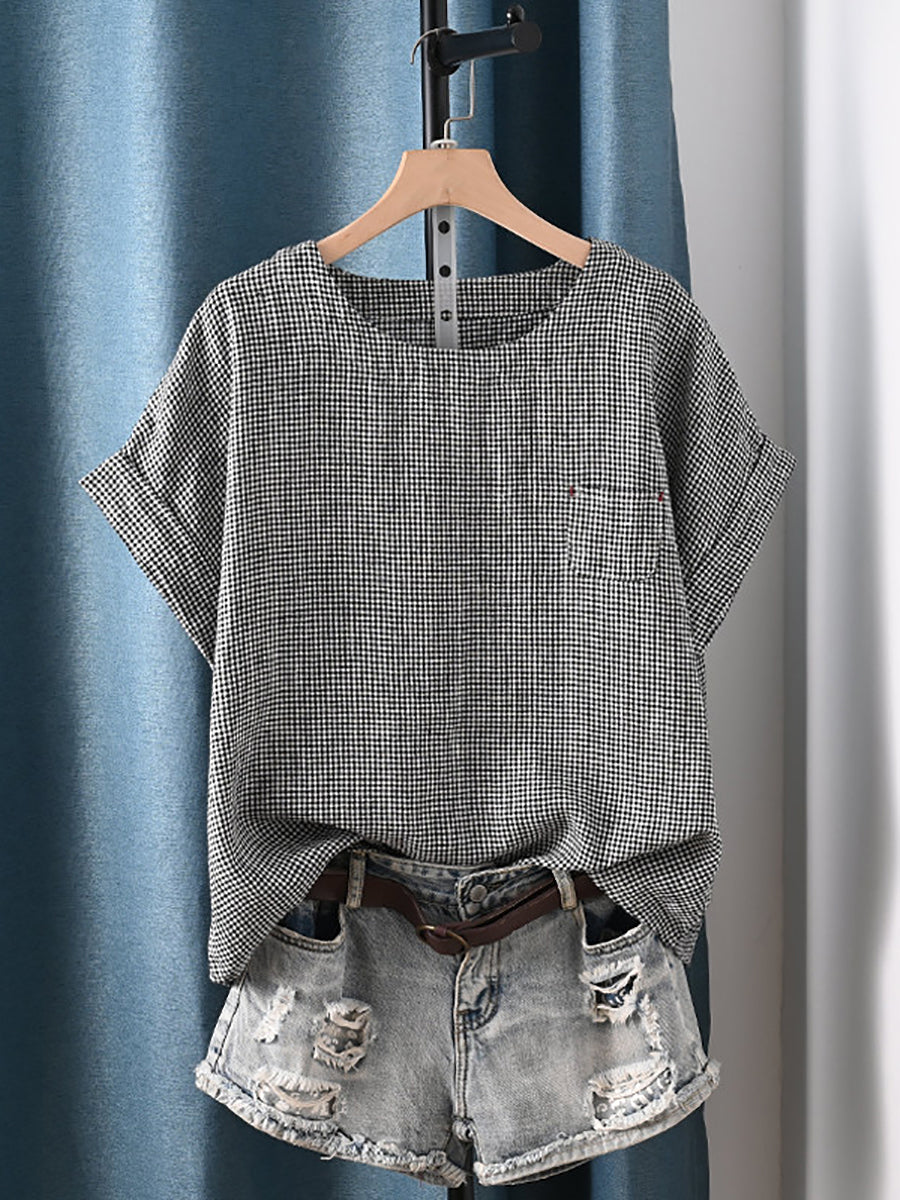 Plus Size Women Summer Artsy Stripe O-Neck Cotton Blouse