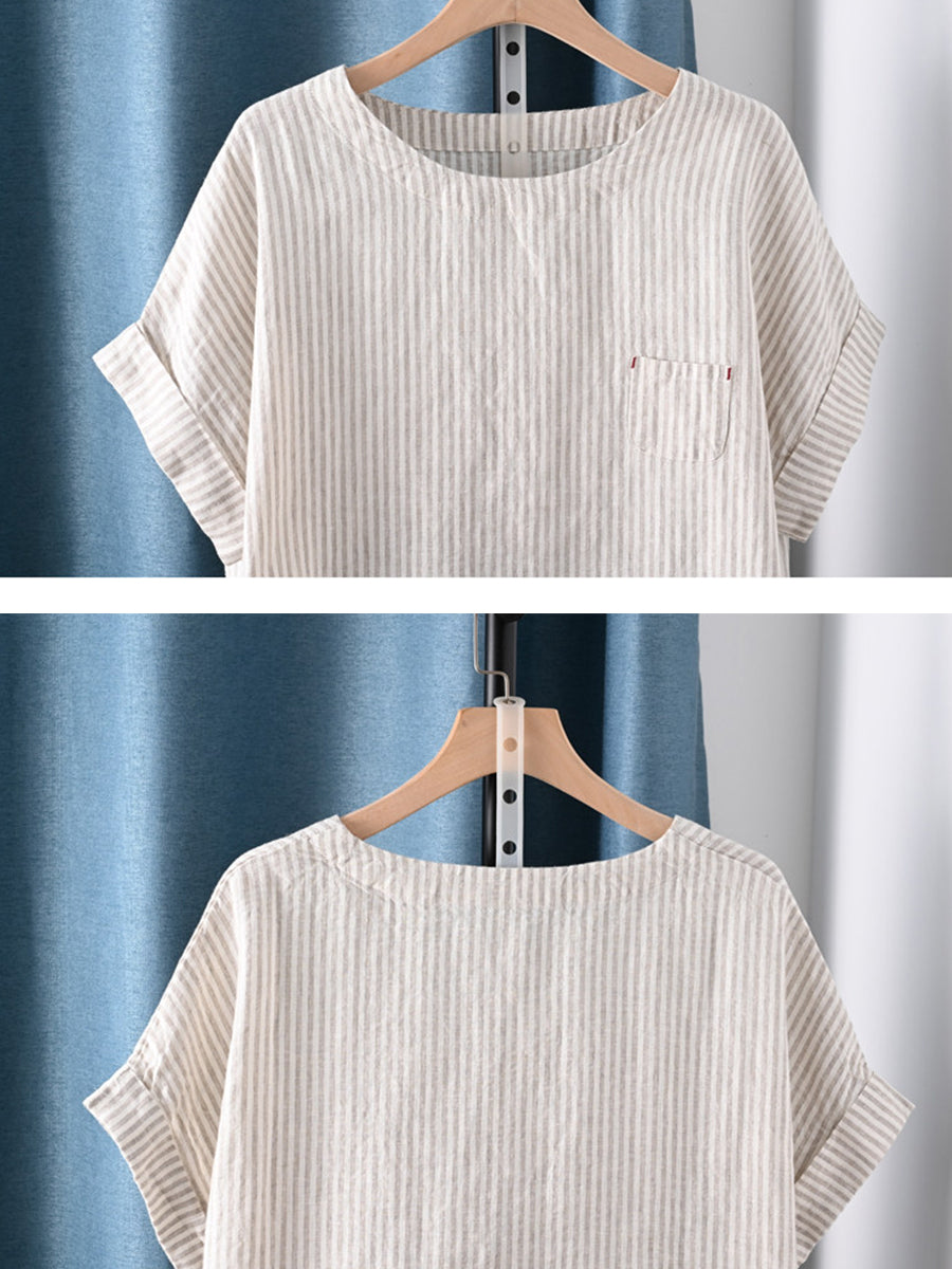 Plus Size Women Summer Artsy Stripe O-Neck Cotton Blouse