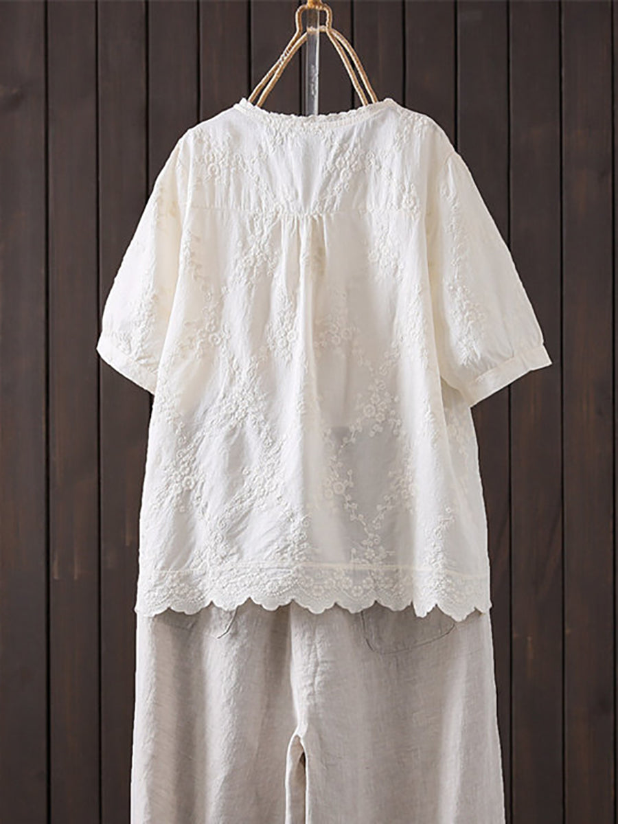 Plus Size Women Summer Artsy Embroidery 100%Cotton Shirt