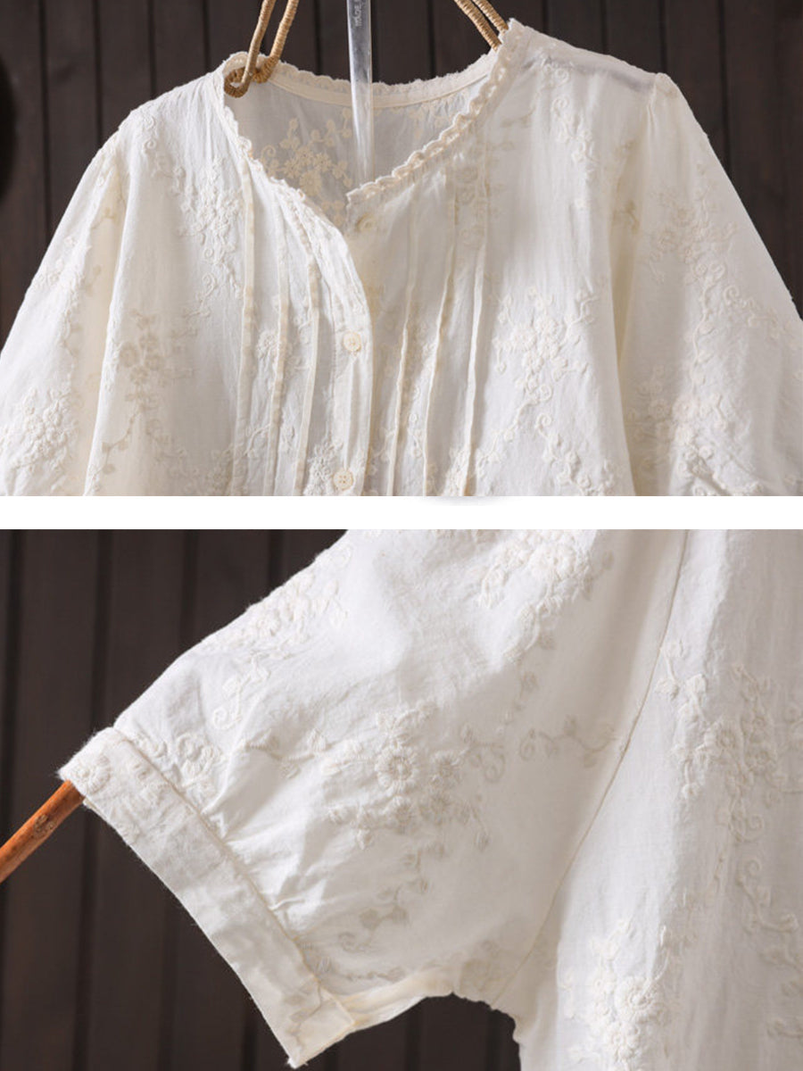 Plus Size Women Summer Artsy Embroidery 100%Cotton Shirt