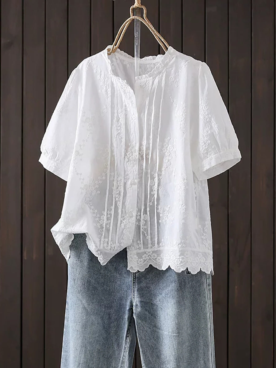 Plus Size Women Summer Artsy Embroidery 100%Cotton Shirt