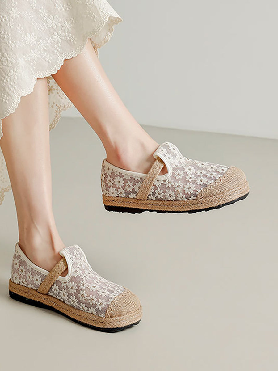 Women Summer Ethnic Flower Embroidery Flat Shoes
