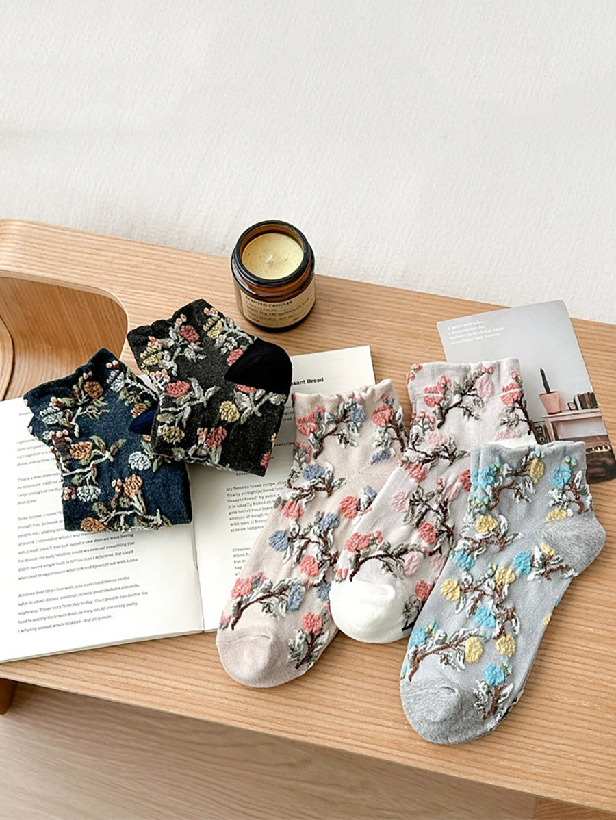 5 Pairs Women Artsy Flower Jacquard Cotton Socks
