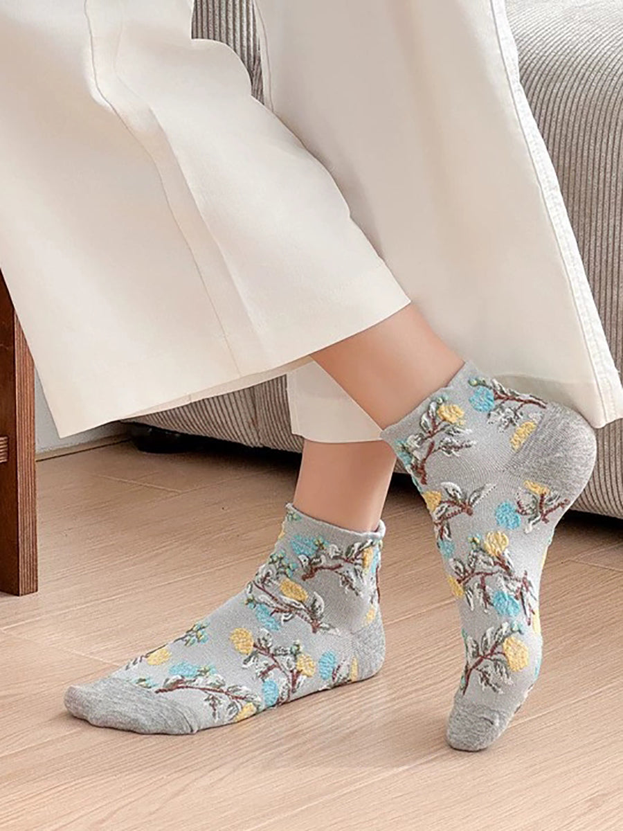 5 Pairs Women Artsy Flower Jacquard Cotton Socks