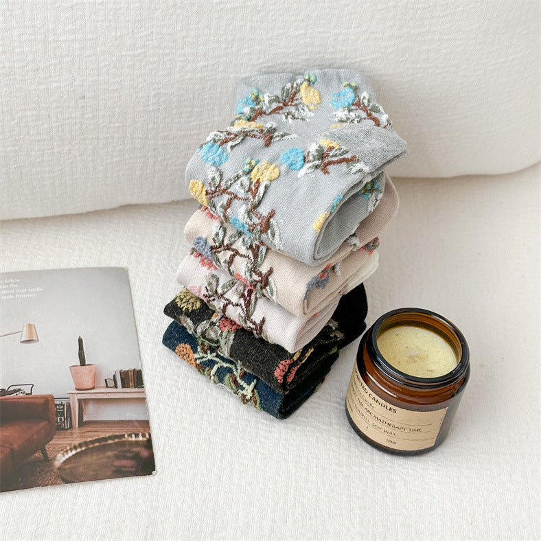 5 Pairs Women Artsy Flower Jacquard Cotton Socks
