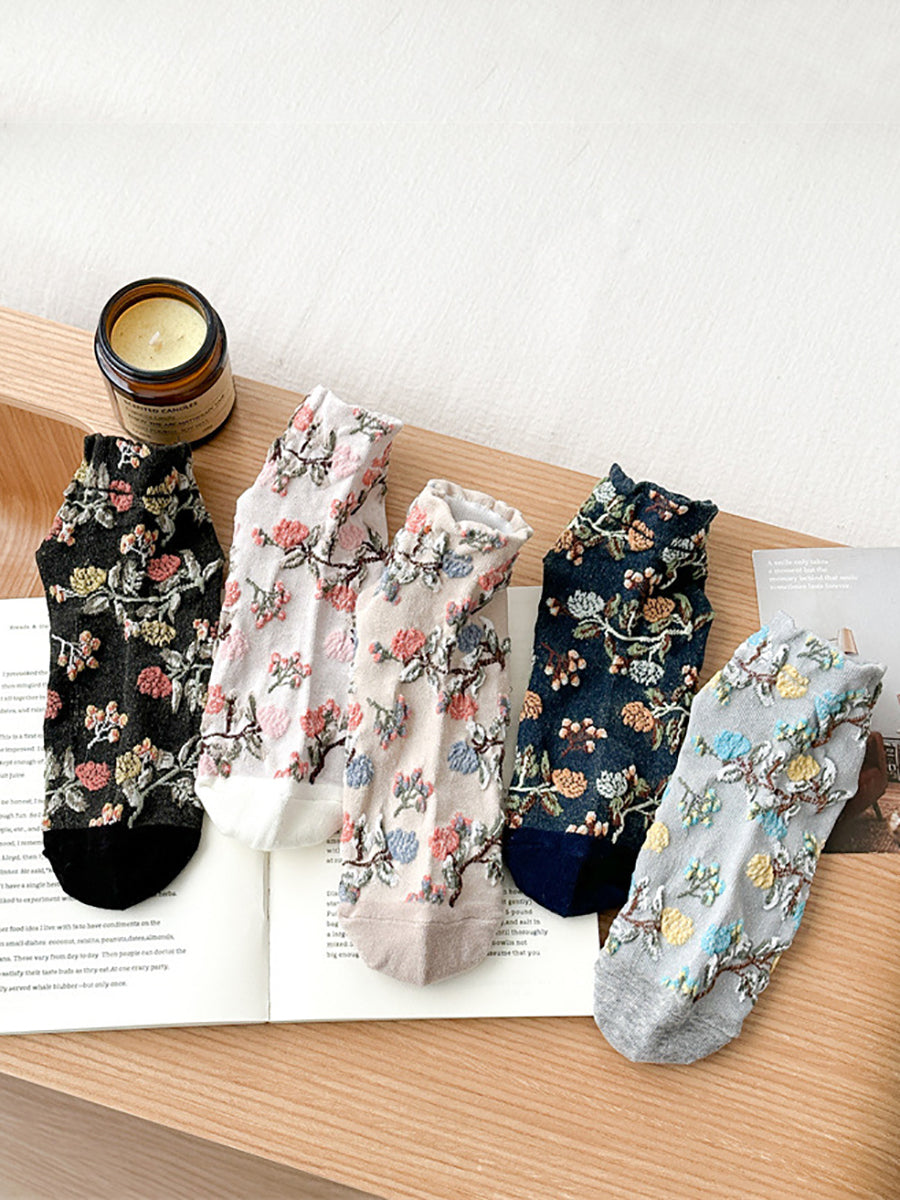 5 Pairs Women Artsy Flower Jacquard Cotton Socks