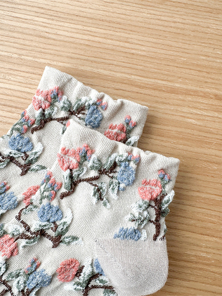 5 Pairs Women Artsy Flower Jacquard Cotton Socks