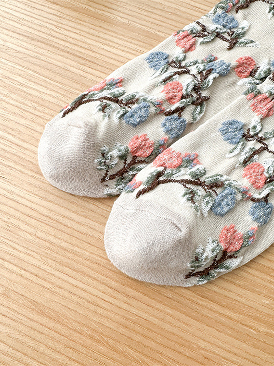 5 Pairs Women Artsy Flower Jacquard Cotton Socks