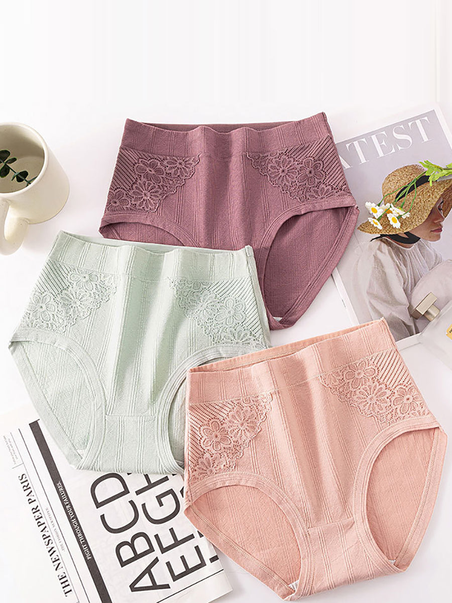 4 Pieces Women Artsy Flower Lace High Waist Underwear