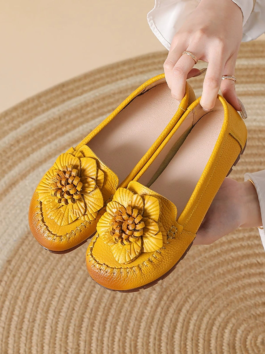 Women Summer Casual Flower Genuine Leather Shoes
