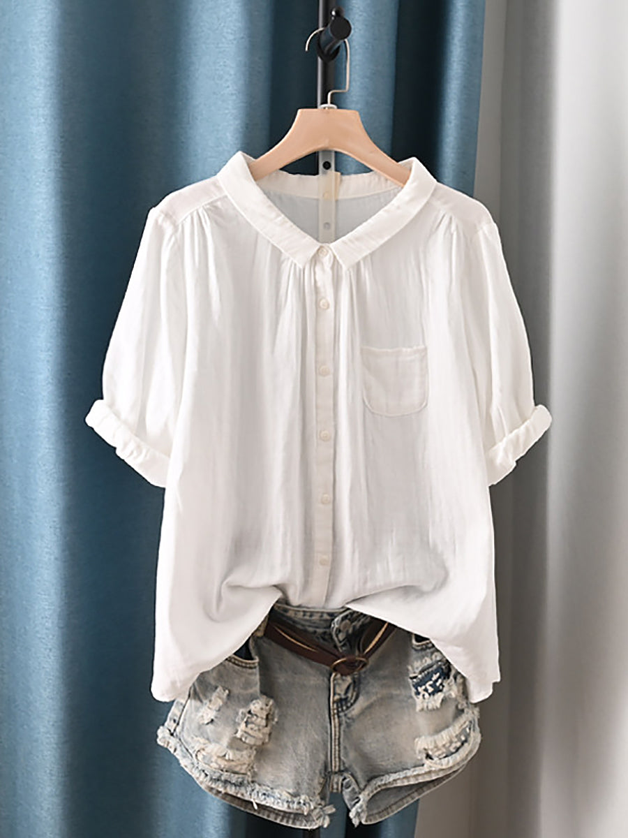 Plus Size Women Summer Artsy Turn-down Collar 100%Cotton Shirt