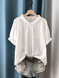 Plus Size Women Summer Artsy Turn-down Collar 100%Cotton Shirt
