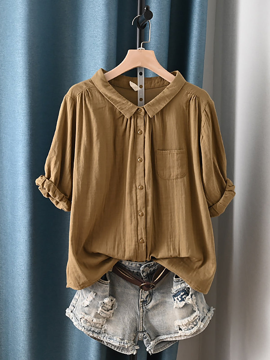 Plus Size Women Summer Artsy Turn-down Collar 100%Cotton Shirt