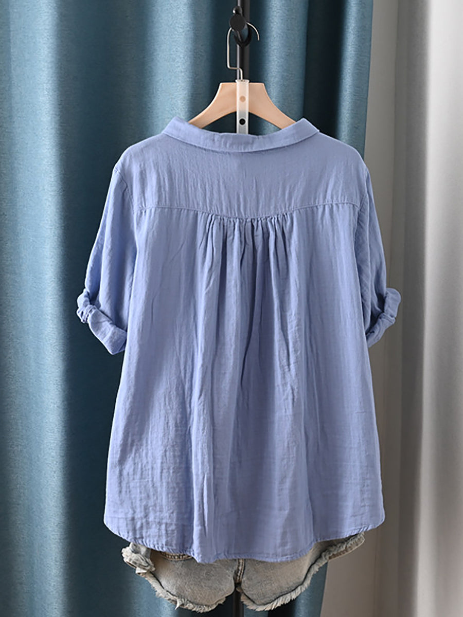 Plus Size Women Summer Artsy Turn-down Collar 100%Cotton Shirt