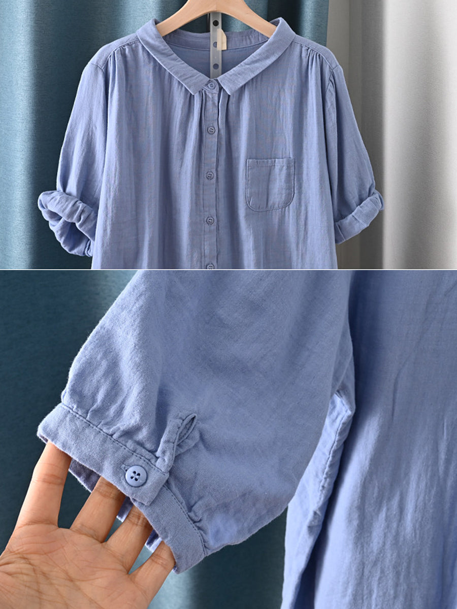 Plus Size Women Summer Artsy Turn-down Collar 100%Cotton Shirt