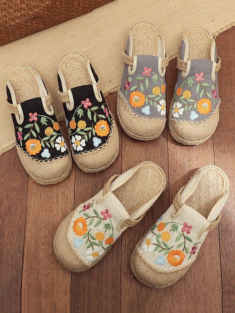 Women Summer Artsy Flower Linen Slippers
