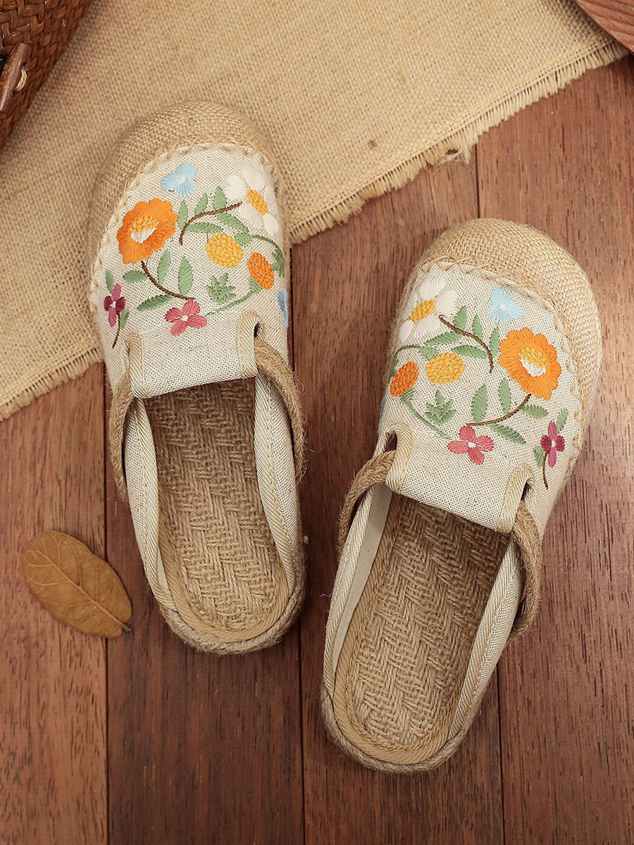 Women Summer Artsy Flower Linen Slippers