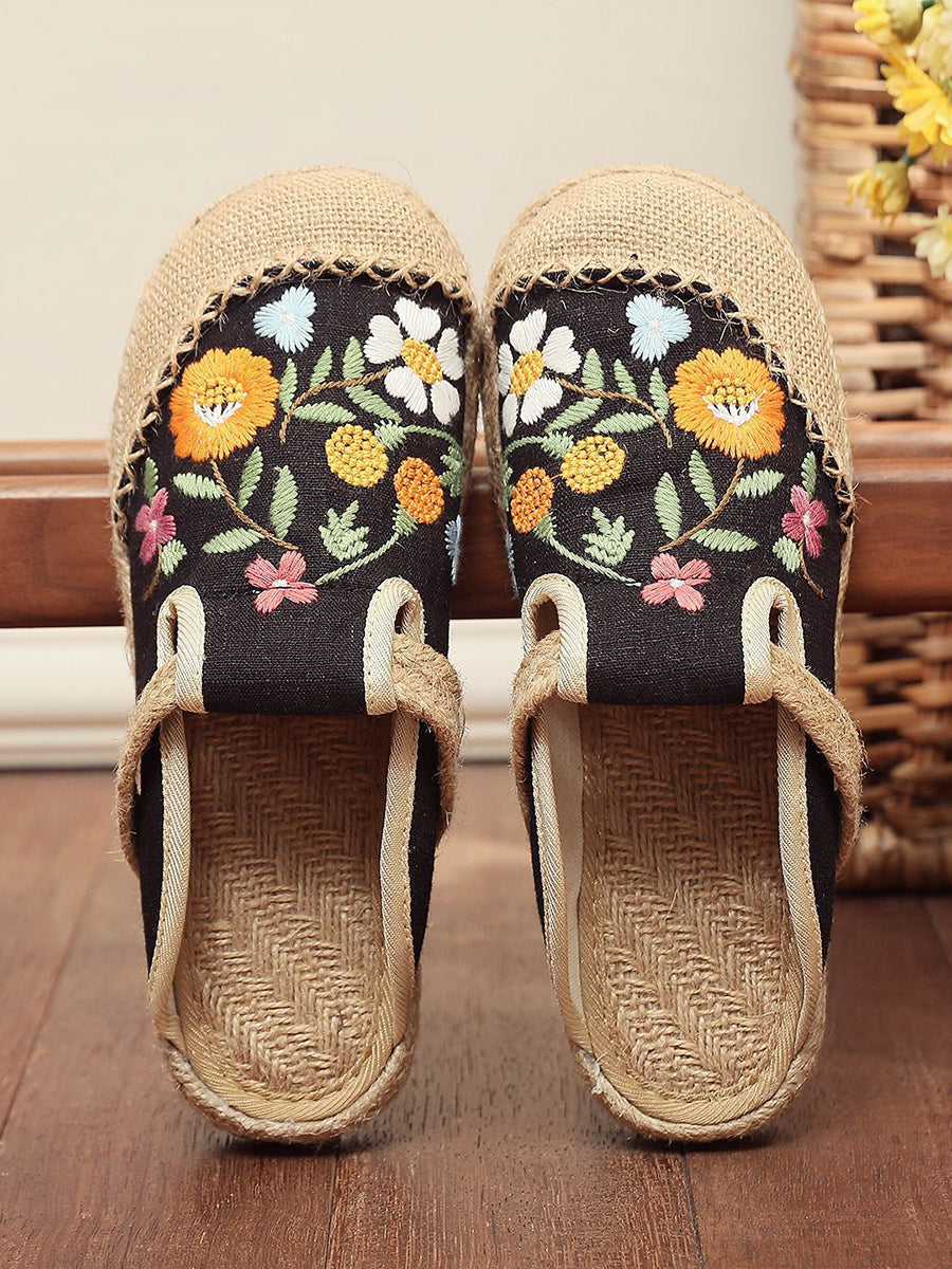 Women Summer Artsy Flower Linen Slippers