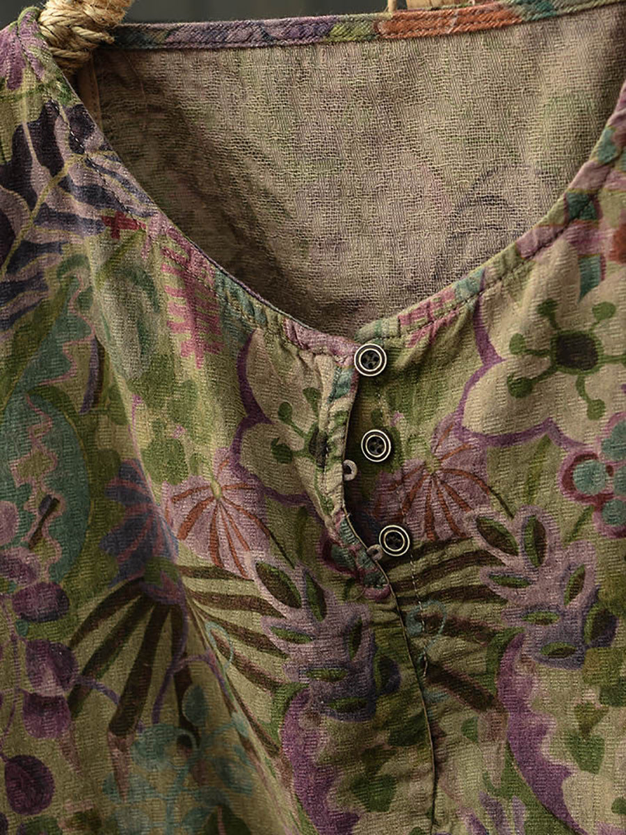 Women Summer Artsy Flower O-Neck Cotton Blouse