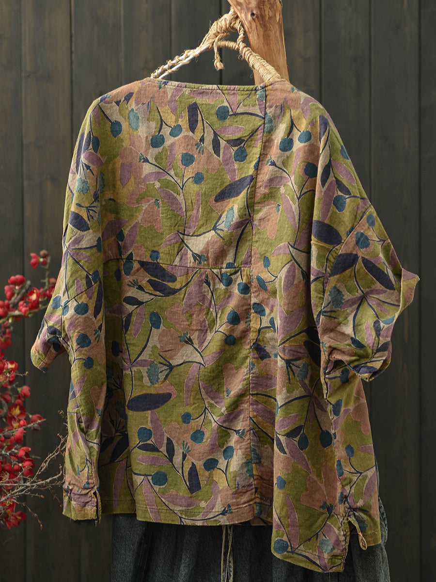 Women Summer Artsy Flower O-Neck Cotton Blouse