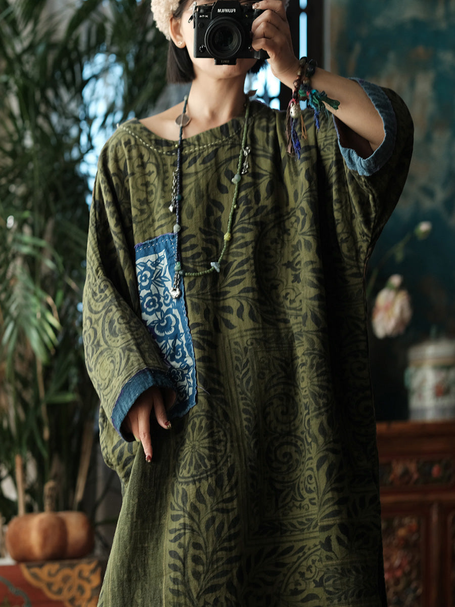 Women Vintage Patchwork Leaf O-Neck Dress