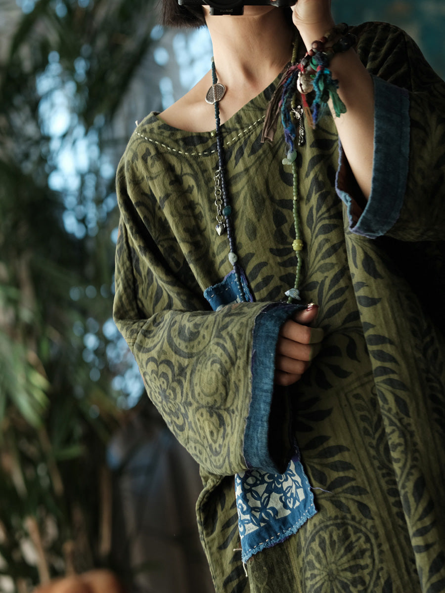 Women Vintage Patchwork Leaf O-Neck Dress