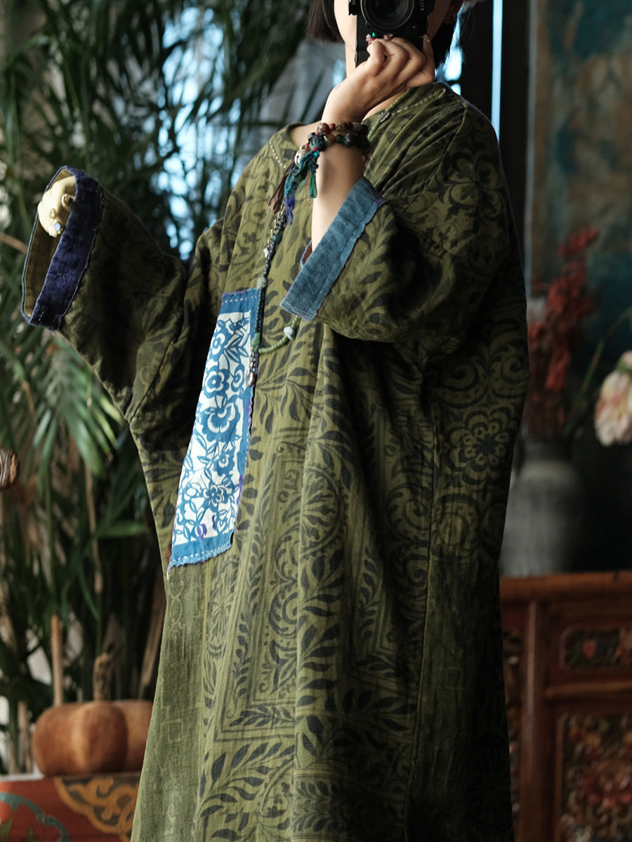 Women Vintage Patchwork Leaf O-Neck Dress