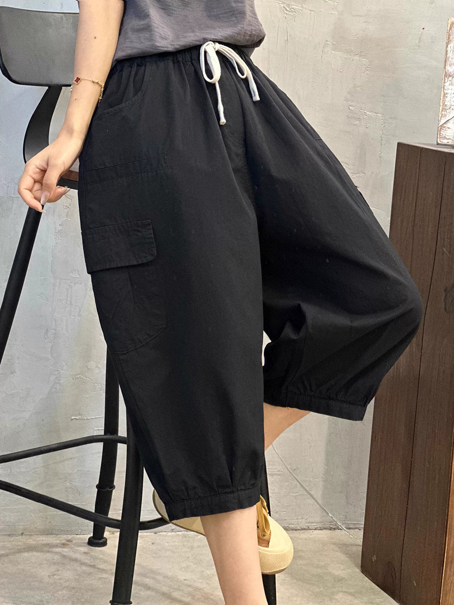 Plus Size Women Summer Casual Pure Color Cotton Capri Pants