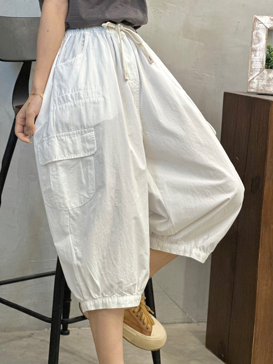 Plus Size Women Summer Casual Pure Color Cotton Capri Pants