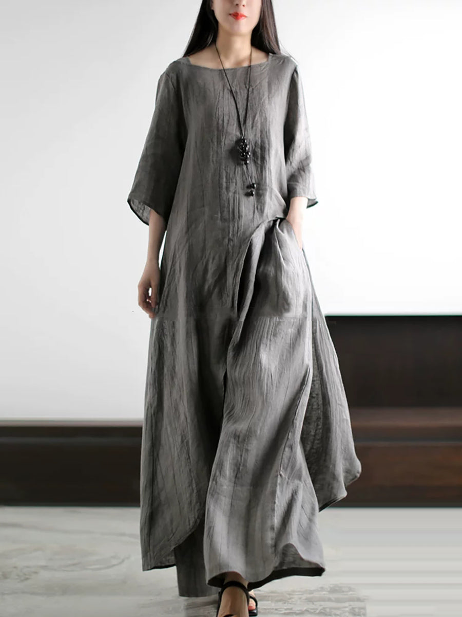 Plus Size Linen Two Piece Set for Women, Summer Vintage Loose Suit
