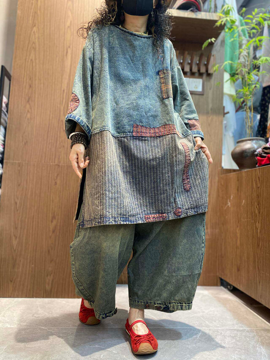Women Spring Retro Patchwork Denim Blouse