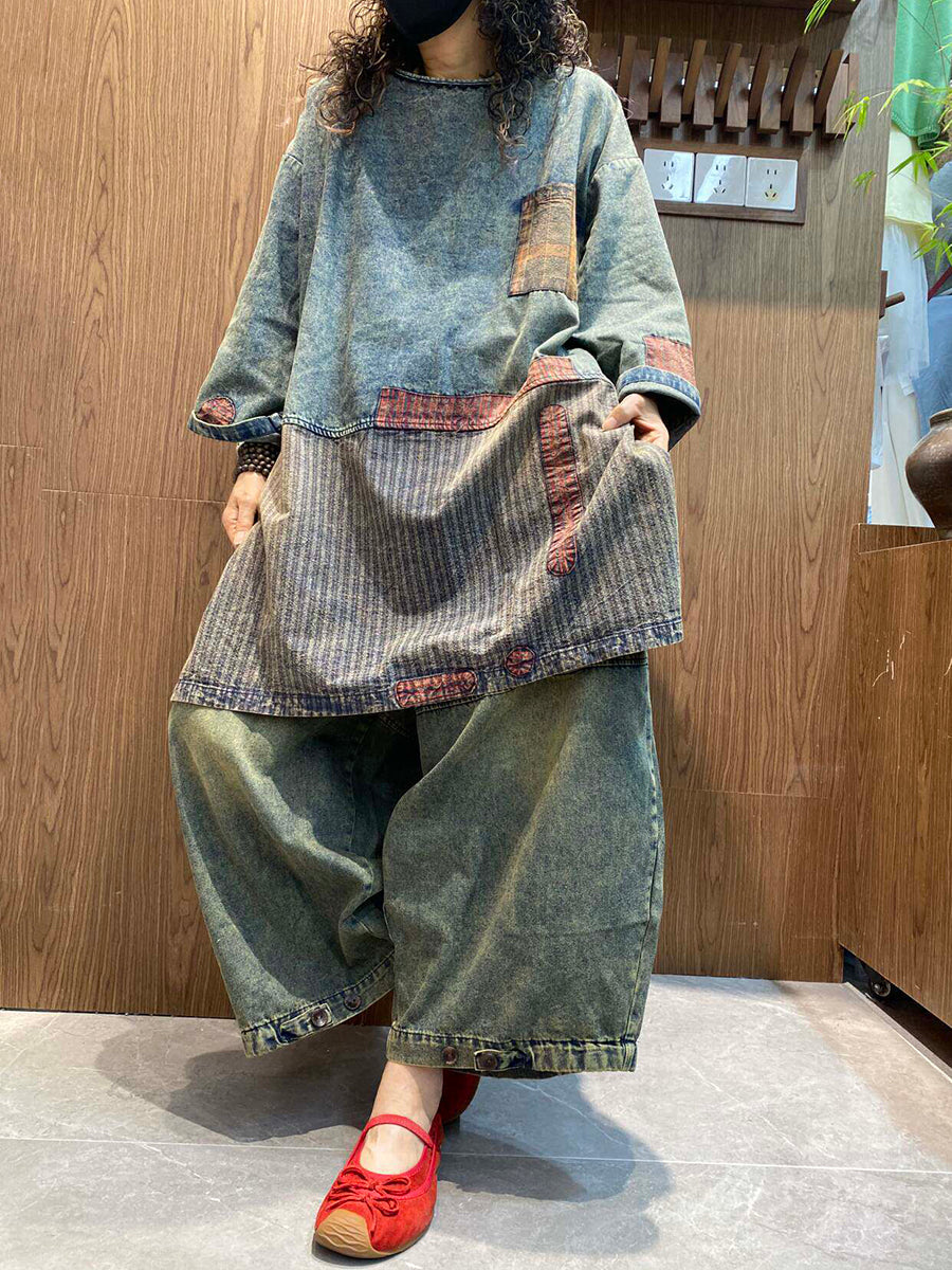 Women Spring Retro Patchwork Denim Blouse