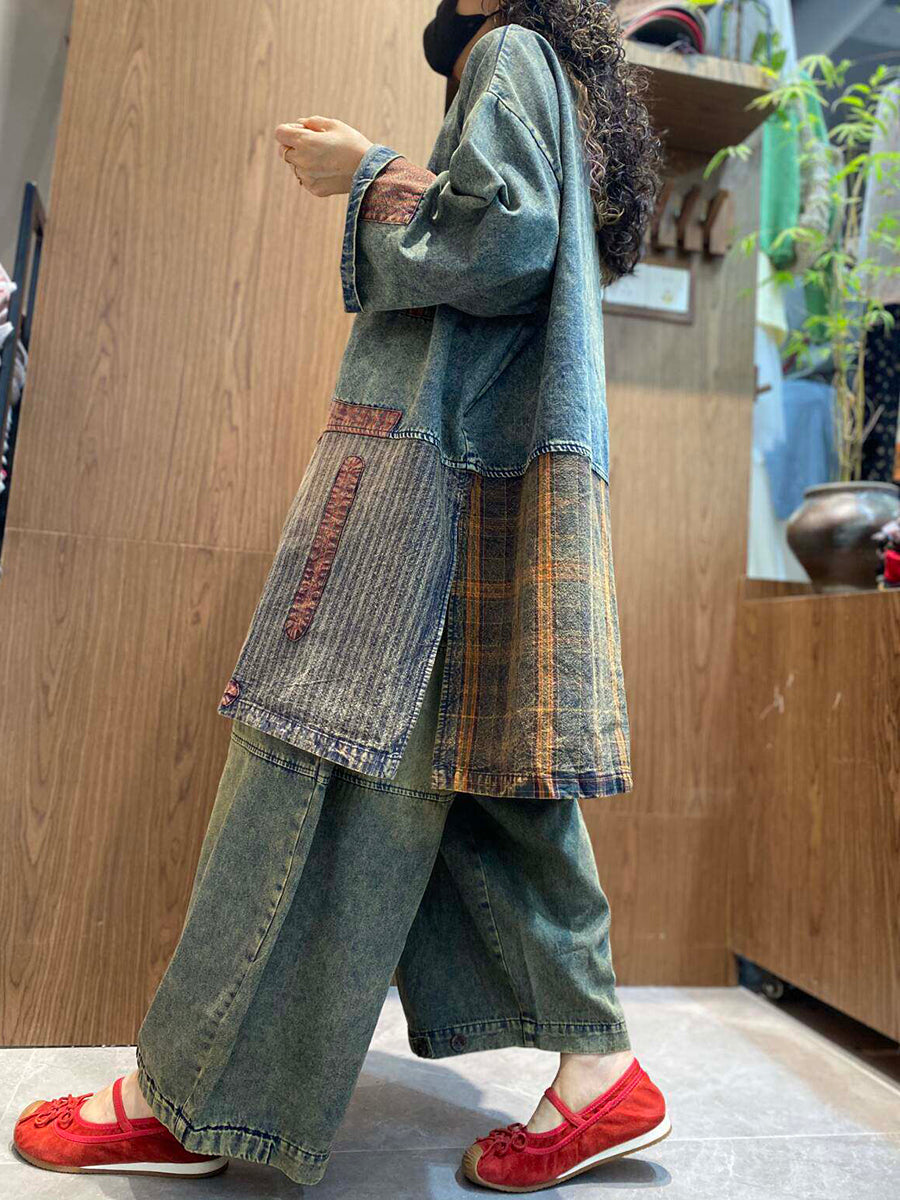 Women Spring Retro Patchwork Denim Blouse