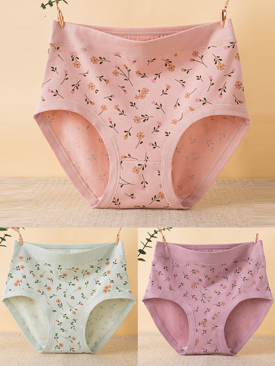 3 Pieces Women Artsy Floral High Waist Underwear
